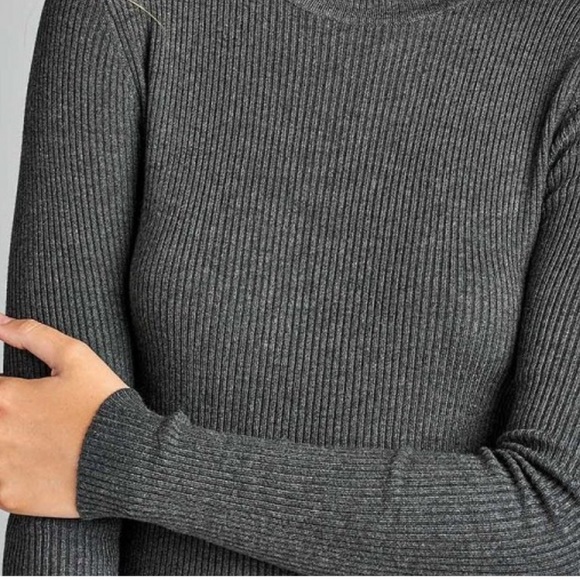 Charcoal Grey Mock Neck Turtleneck Ribbed Sweater - Picture 3 of 6